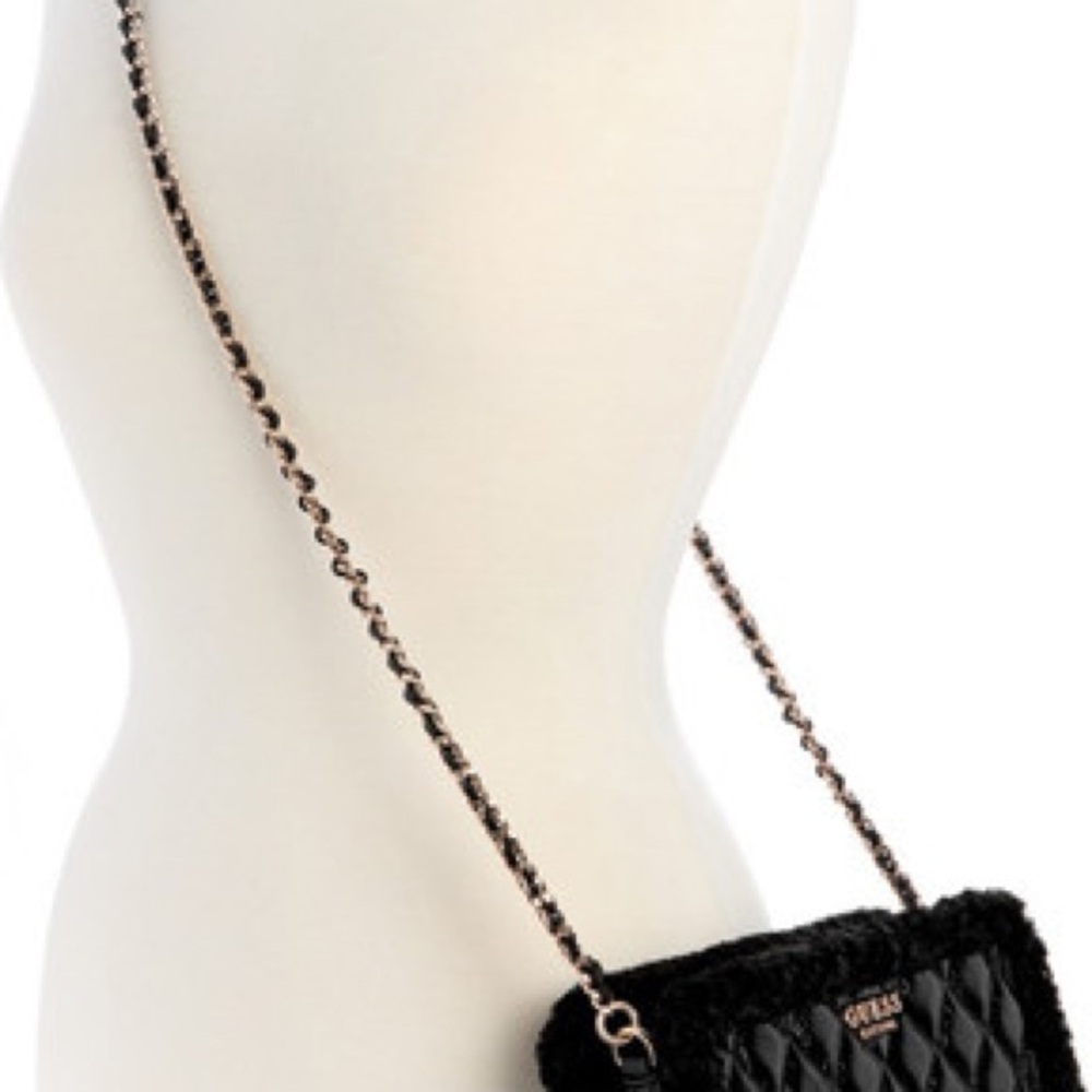 GUESS Cristi Mini Black Quilted Crossbody Bag Gold Chain Detachable Strap